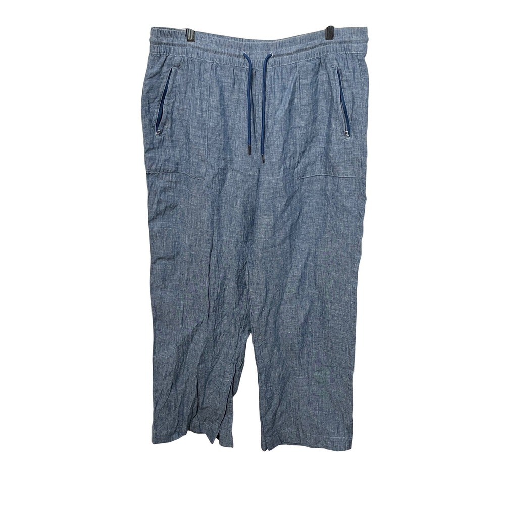 Athleta Linen Wide Leg Pants Womens 14 Blue Drawstring Casual S/533474-03